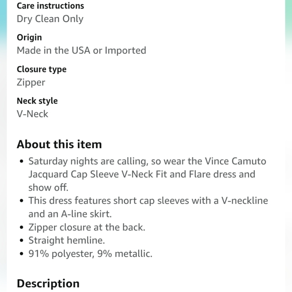 Vince Camuto Jacquard Cap Sleeve V-Neck Fit and Flare Size 4 - Picture 6 of 7